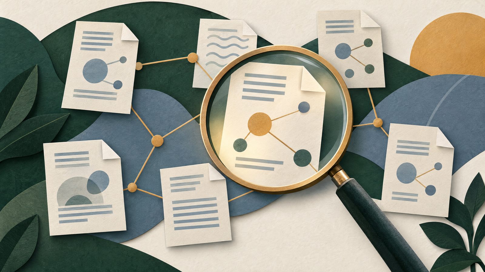 Abstract scholarly papers connected by research-discovery paths and a magnifying lens