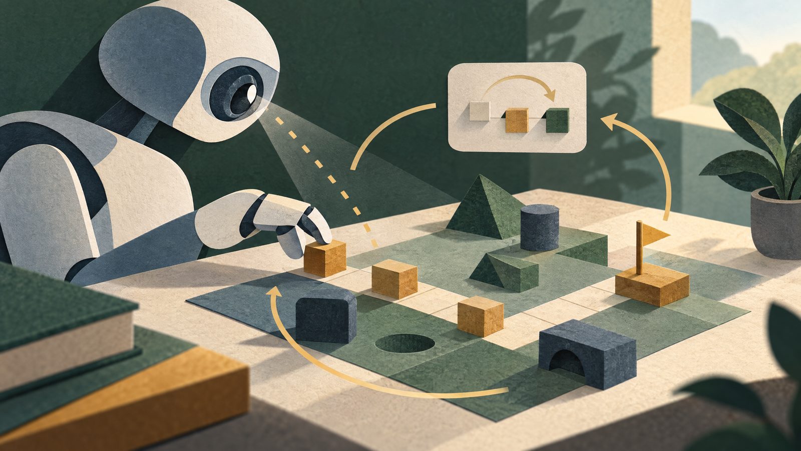 A visual agent observing a tabletop puzzle and following a sequence of actions