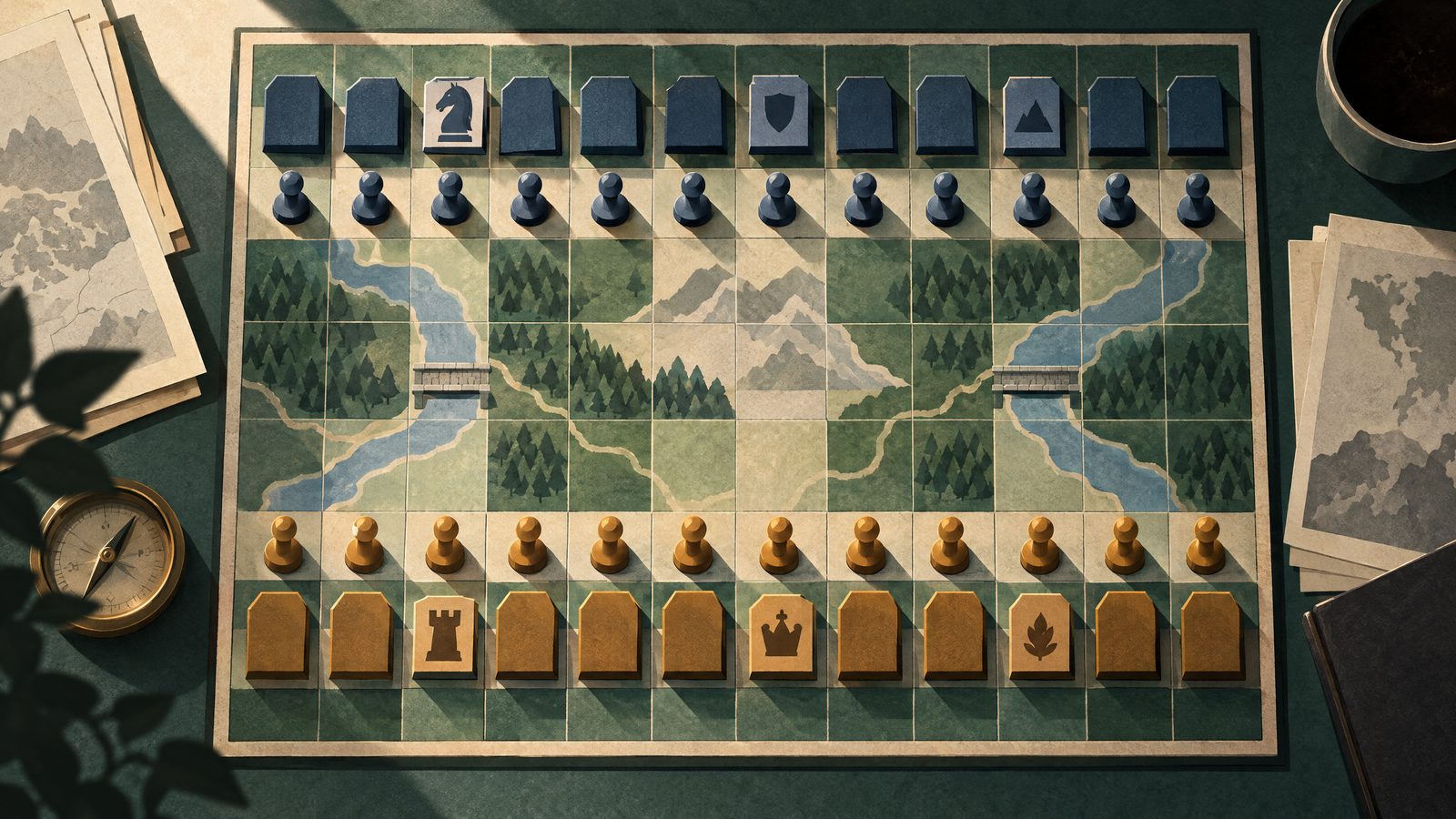 A top-down strategy board with opposing ranks of partly hidden pieces