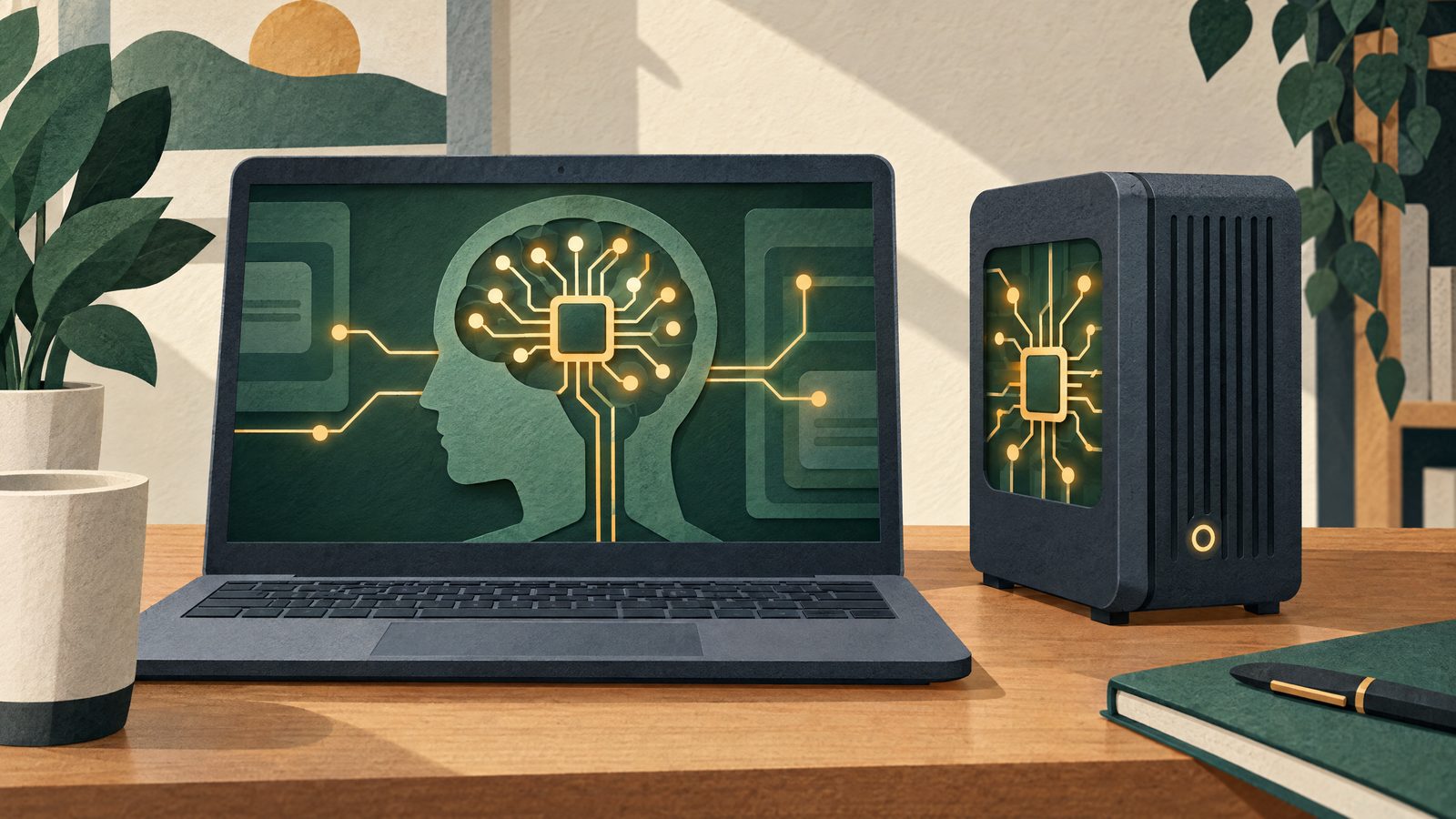 A generic laptop and compact desktop running a model locally without a cloud connection