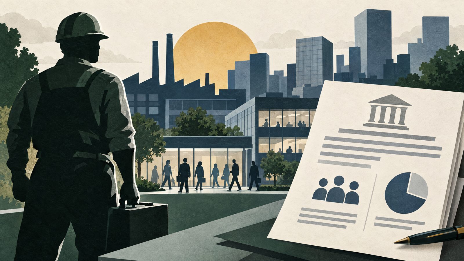 Worker silhouettes, a factory-office skyline and an abstract employment report