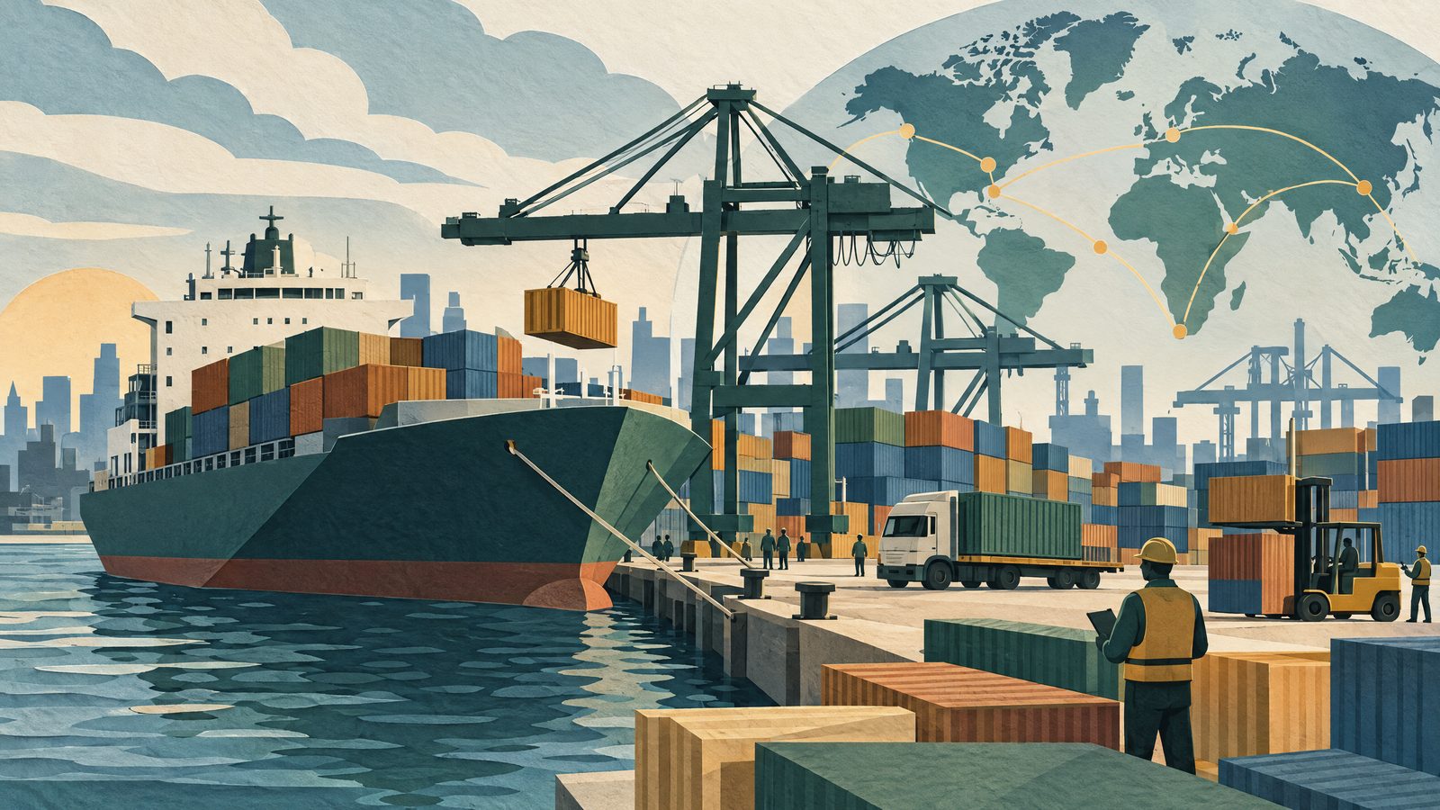 A cargo ship, containers and cross-border service connections at a port