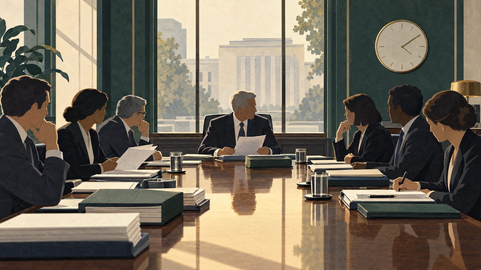 A formal central-bank meeting room with papers and a wall clock