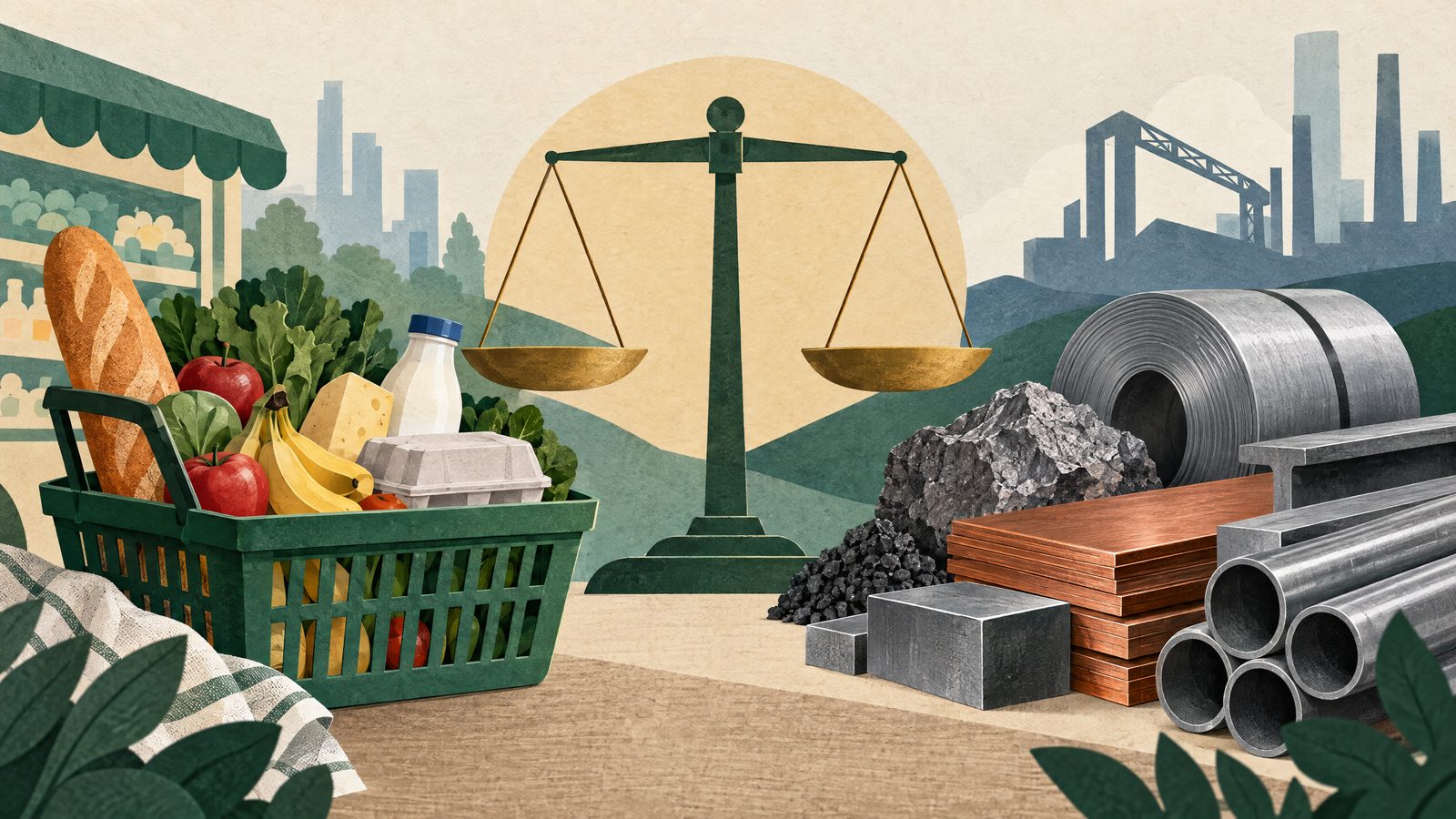 Everyday goods and industrial materials arranged beside an abstract measuring scale