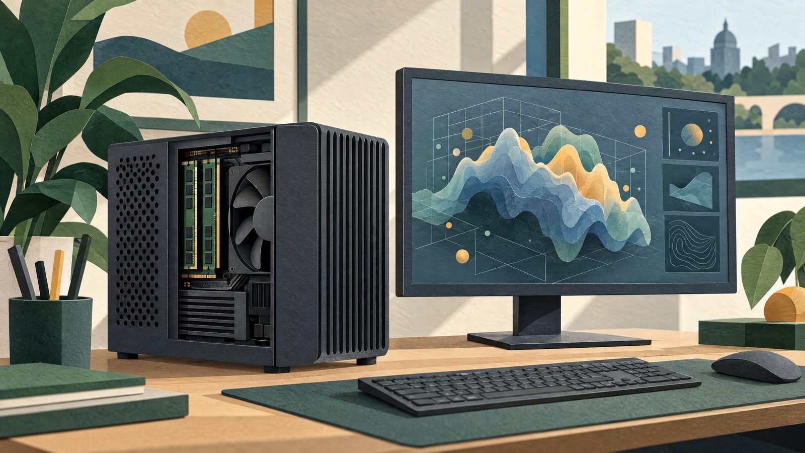 A compact generic AI workstation with memory modules and an abstract model display
