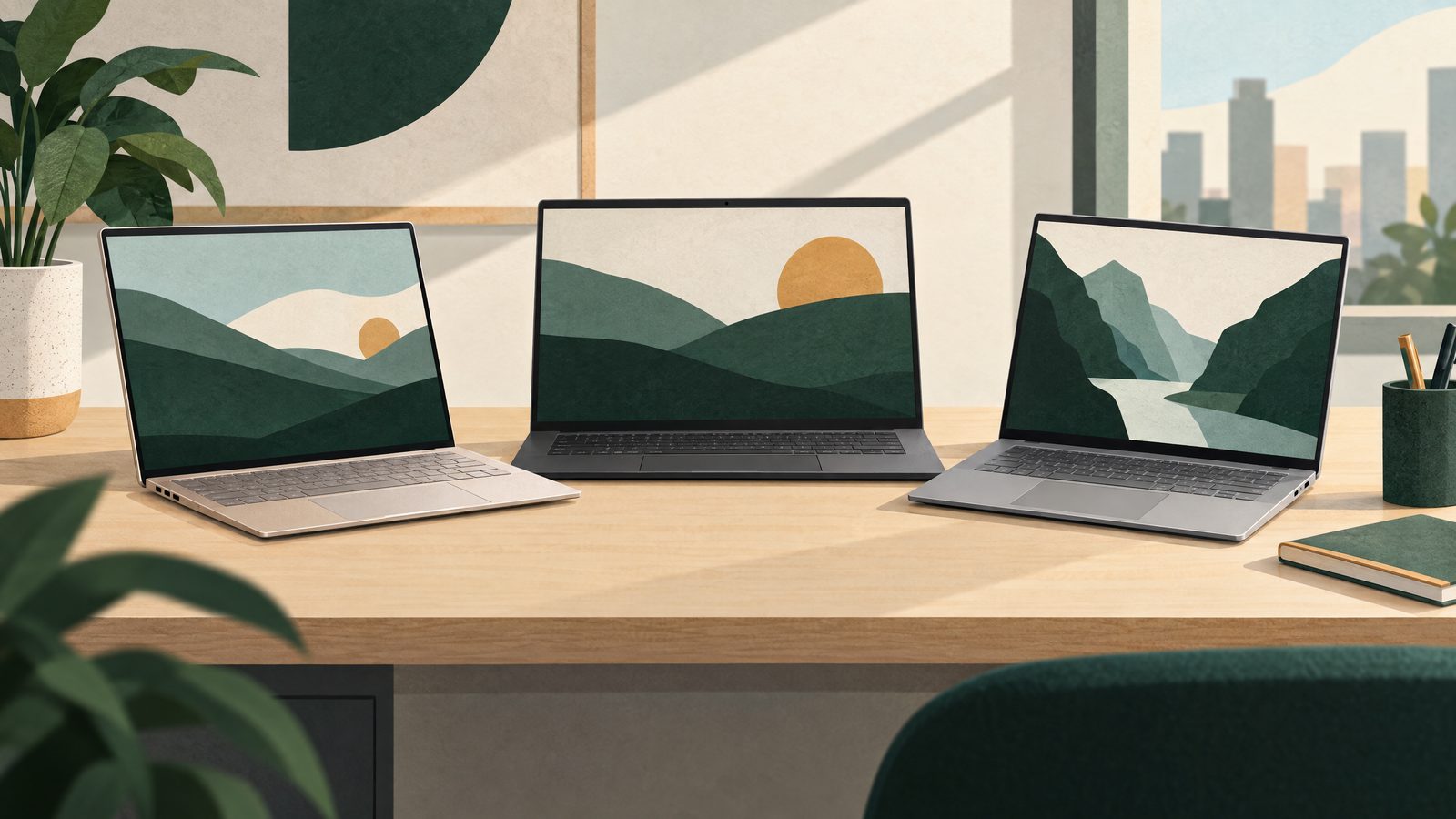 Three generic thin laptops arranged in a launch lineup