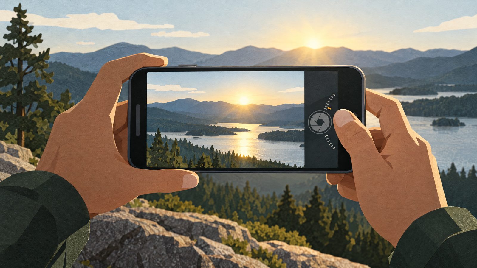 A generic smartphone recording a landscape with a visible adjustable camera iris