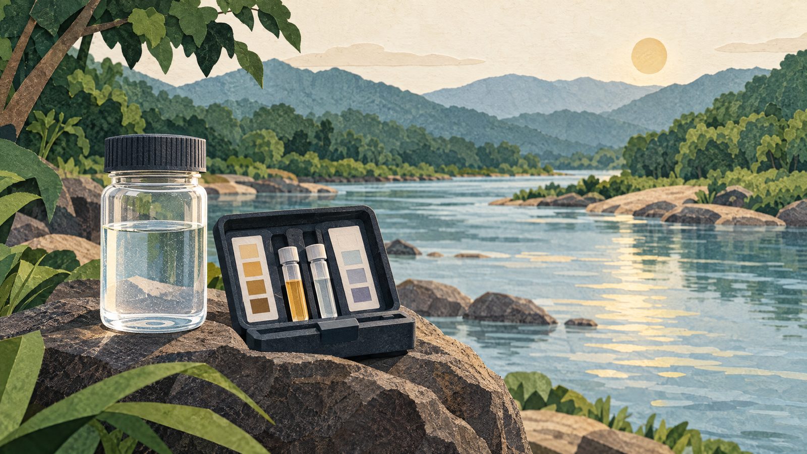 A sample vial and field test kit beside a calm northern Thai river