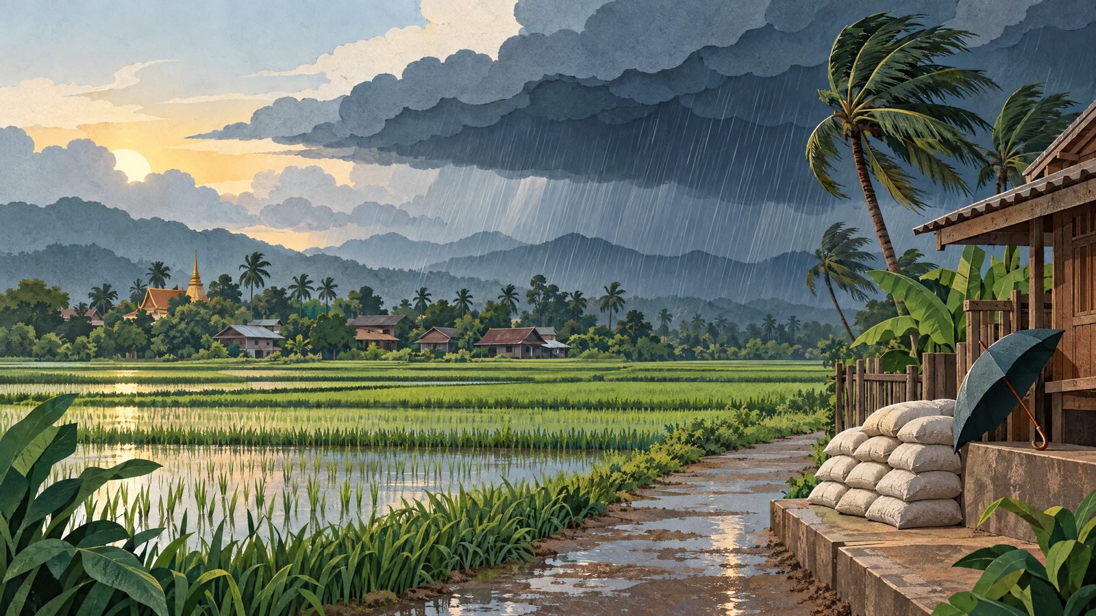 Monsoon clouds approaching a Thai rice field, with a simple umbrella and sandbags