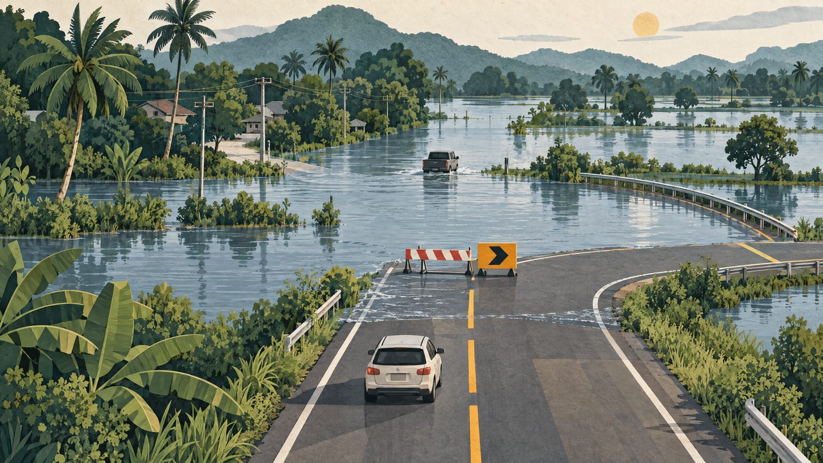 A highway junction partly covered by shallow floodwater and a road barricade