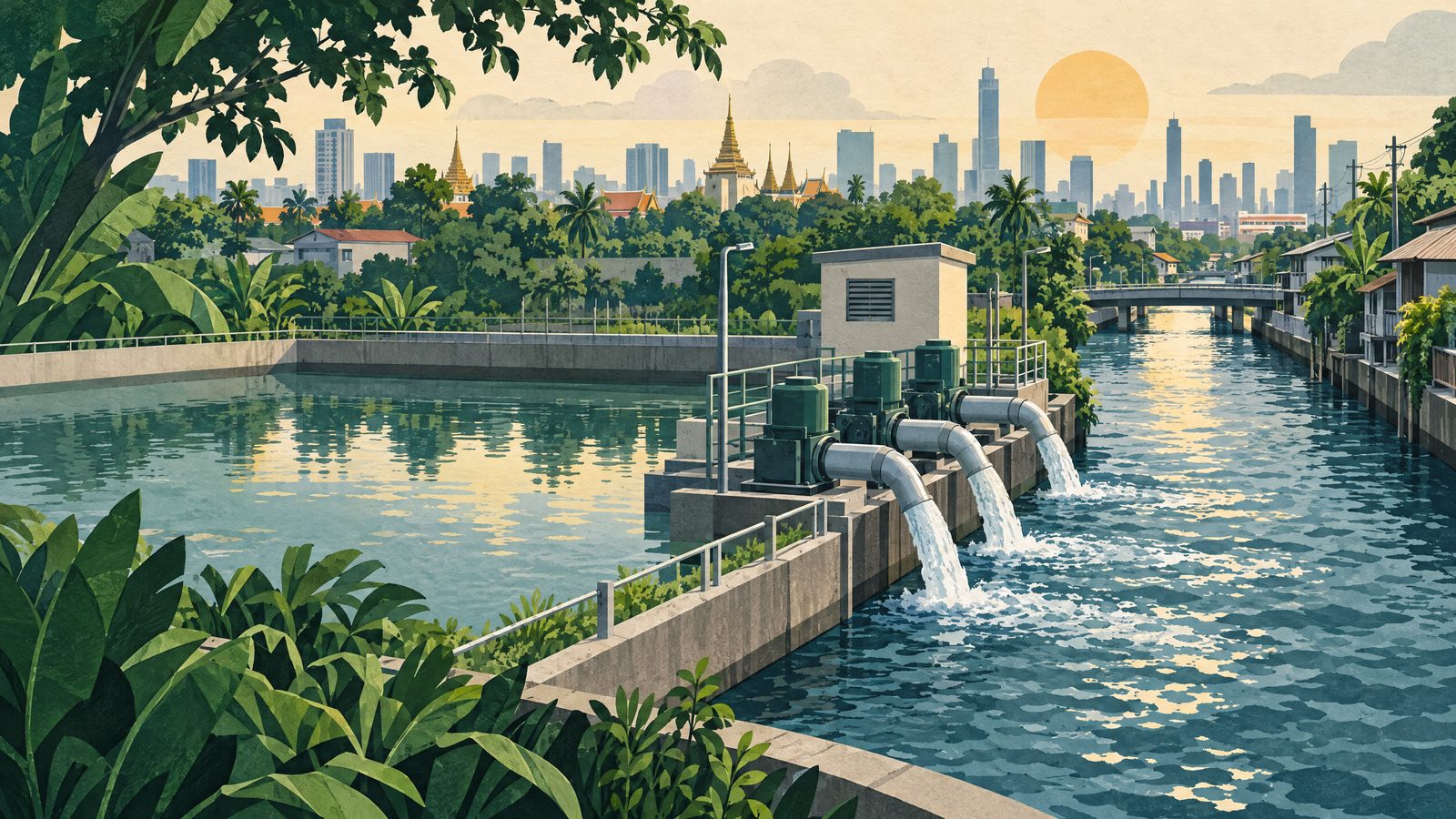A Bangkok canal, retention pond and municipal pumps moving water