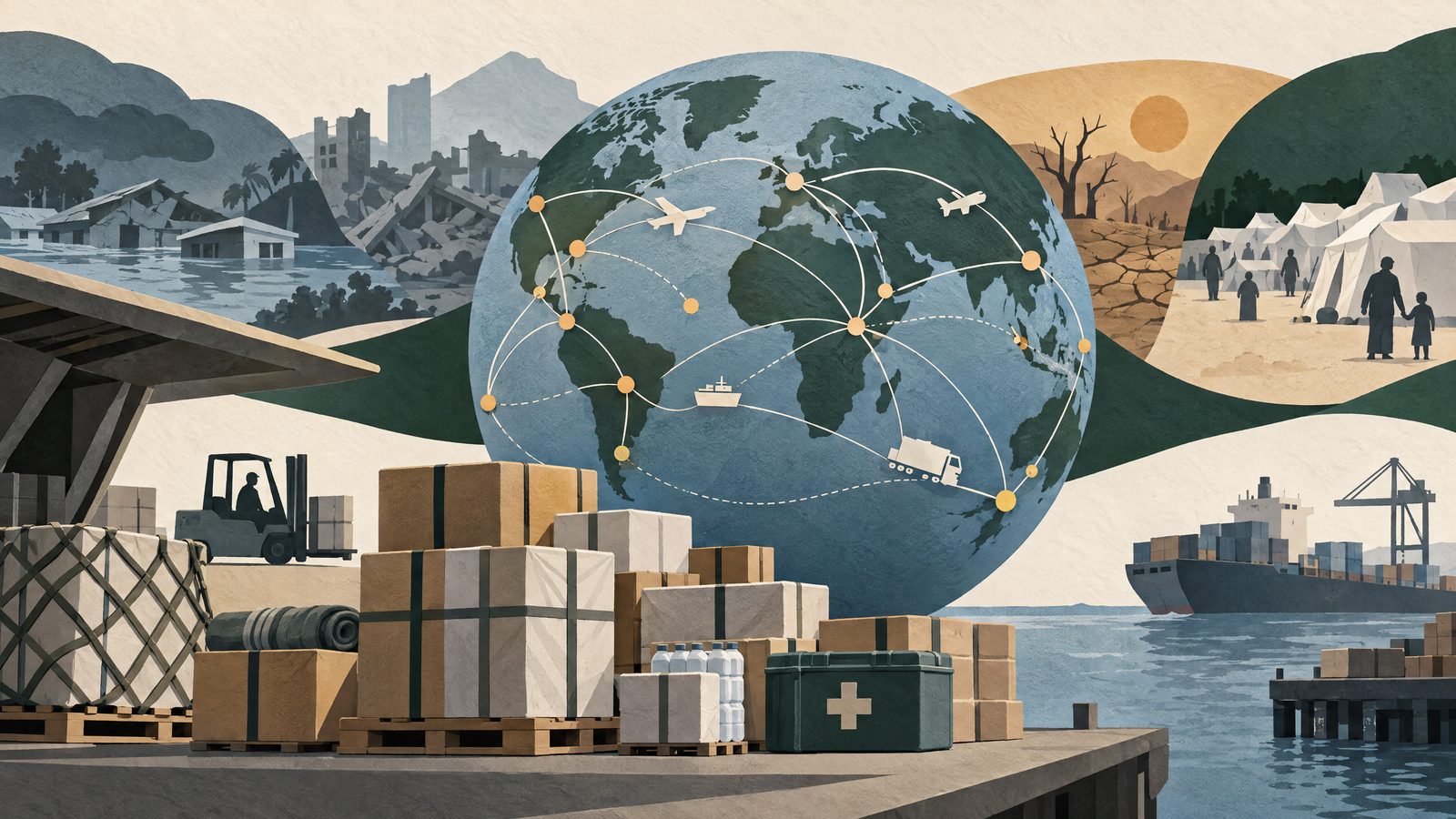 Relief boxes and a connected globe representing aid allocations across multiple crises