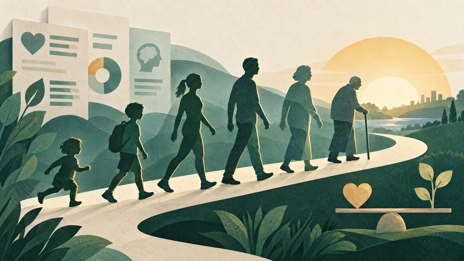 Layered human silhouettes and abstract data sheets representing health and lifespan estimates