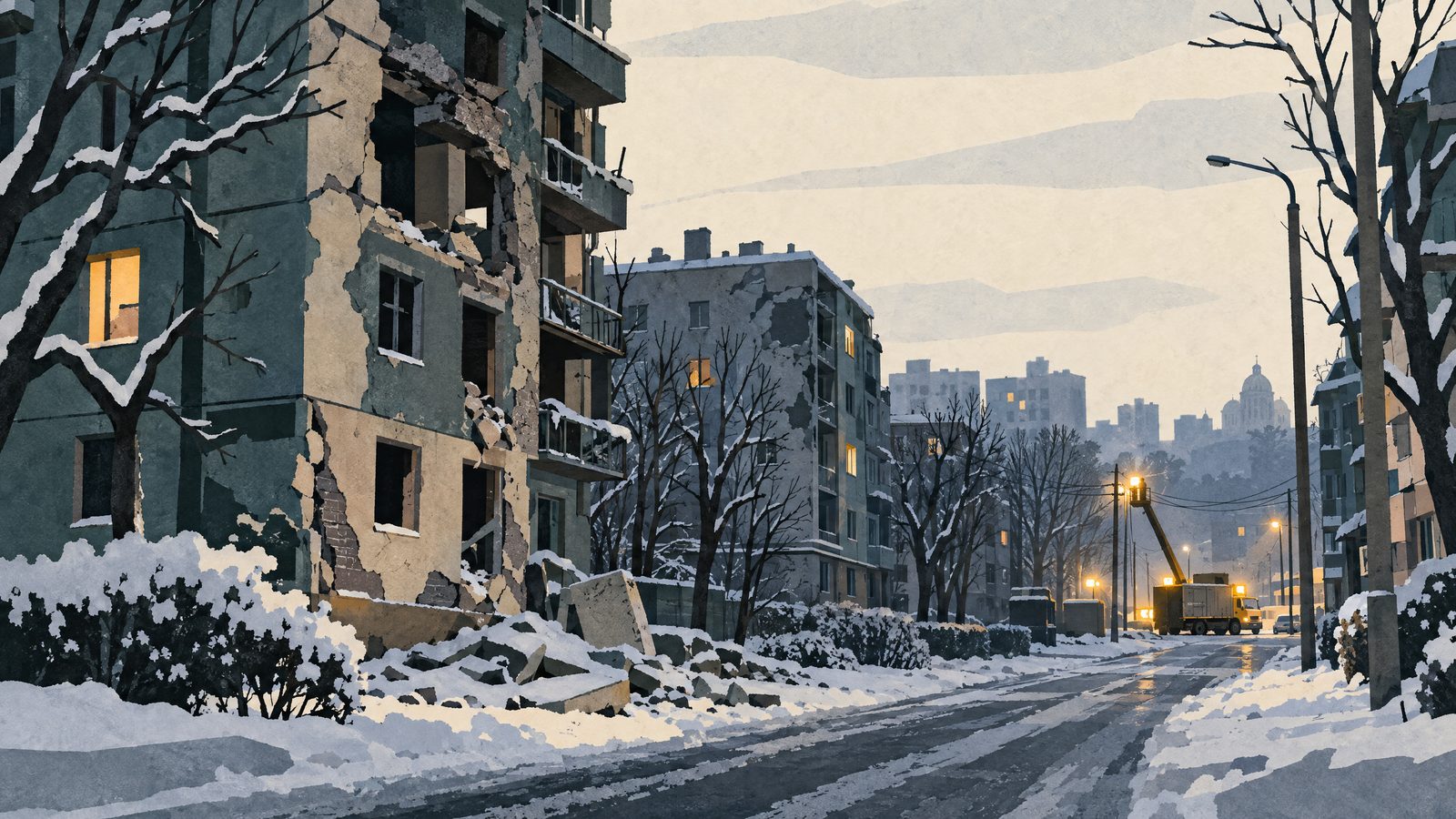 A quiet winter city street with damaged buildings and distant utility repair lights