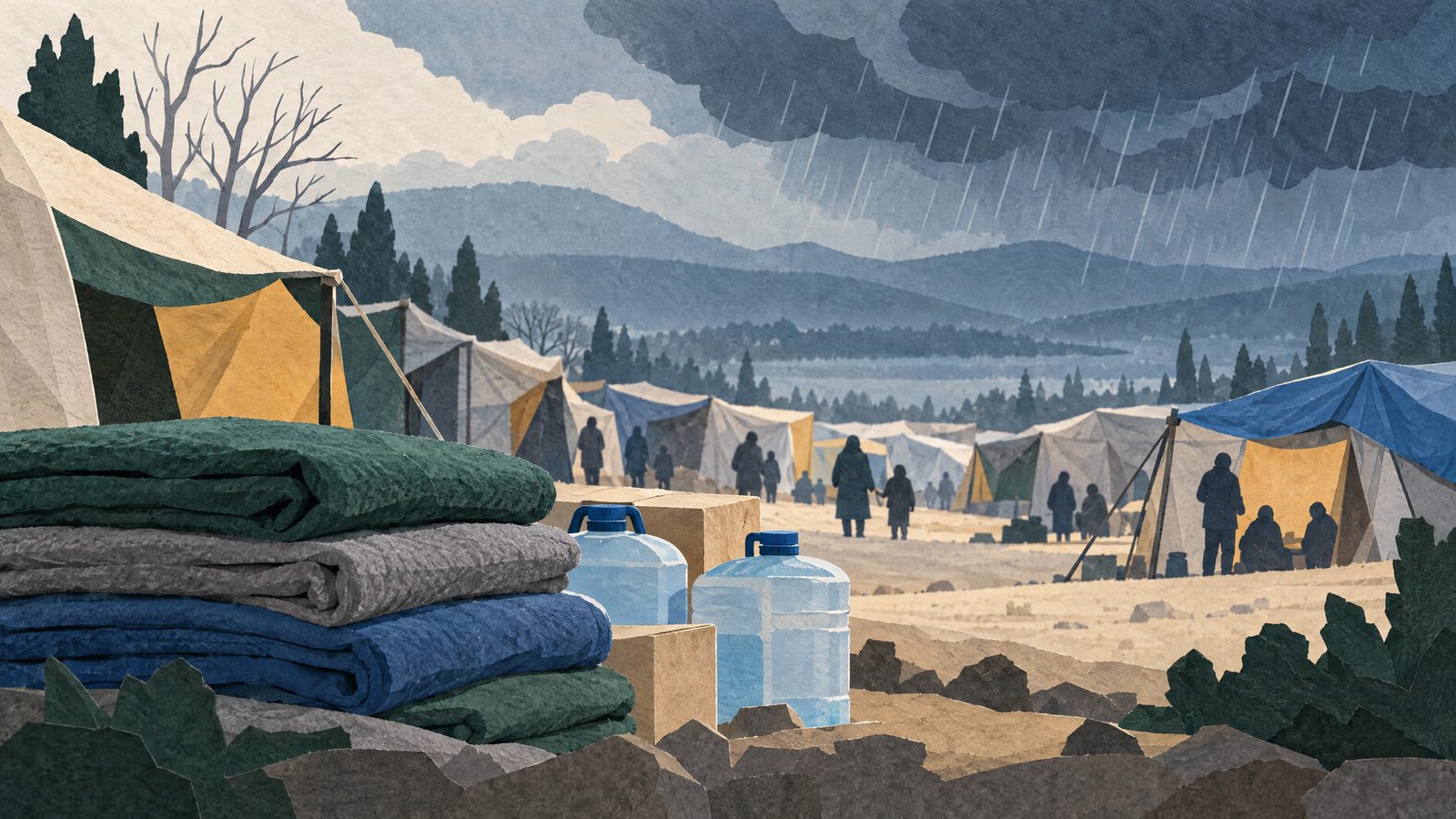 Temporary shelters and relief supplies beneath a cold rain cloud