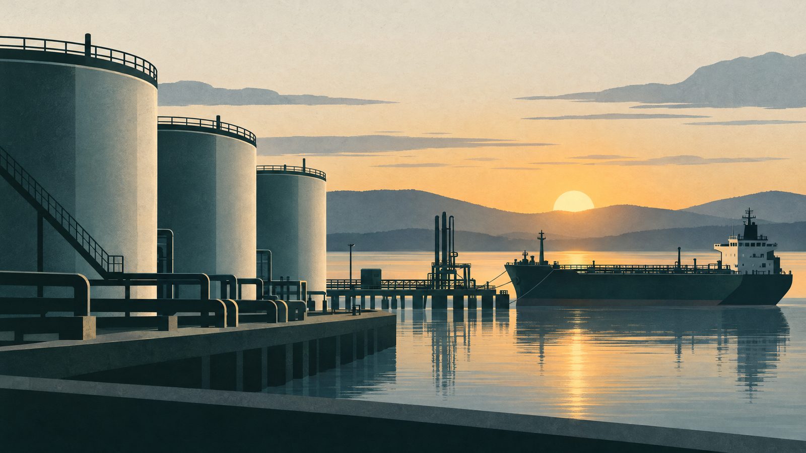 Fuel storage tanks and an oil tanker at a quiet port at dawn